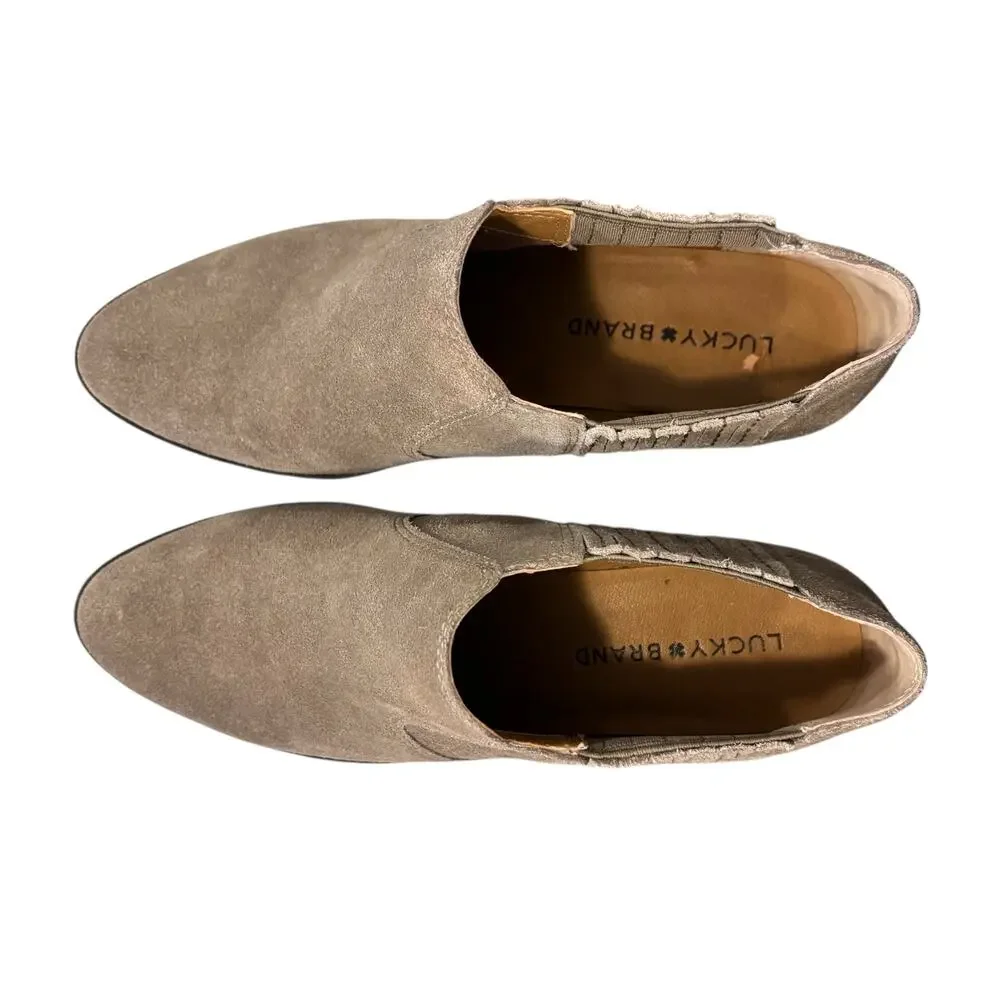 Lucky Brand Tan Suede Leather Ankle Booties 7.5 Western Boho Block Heel Boots